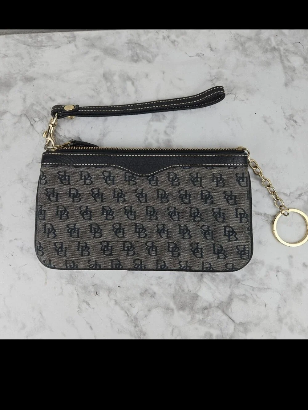 DB Monogram Wristlet Pouch in Navy and Taupe